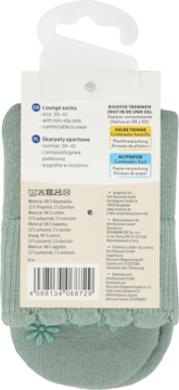 Tył opakowania miętowych skarpetek lounge z antypoślizgową podeszwą, kwiatkami, opisem produktu i składem.