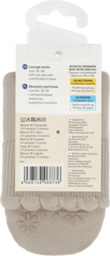 Tył opakowania beżowych skarpetek typu lounge socks (rozmiar 35-38) z antypoślizgową podeszwą.