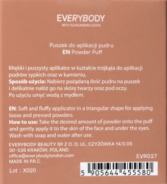 Tył beżowego opakowania EVERYBODY Powder Puff z instrukcją użycia w j. polskim i angielskim, kodem kreskowym.