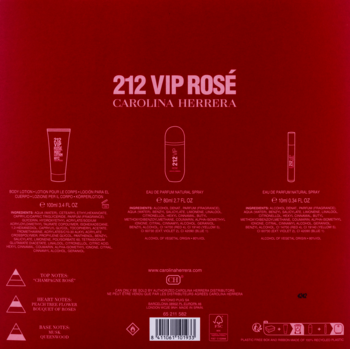 Tył czerwonego zestawu 212 VIP Rosé Carolina Herrera: woda perfumowana 80ml, 10ml i balsam 100ml. Szczegółowe informacje.