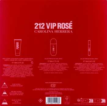 Tył czerwonego zestawu 212 VIP Rose Carolina Herrera: woda perfumowana 80/10 ml i balsam do ciała 100 ml.