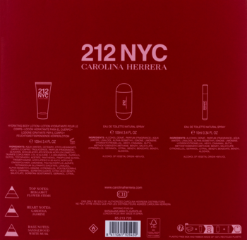 Tył czerwonego opakowania zestawu Carolina Herrera 212 NYC dla kobiet, z ikonami EDT i balsamu, składem.