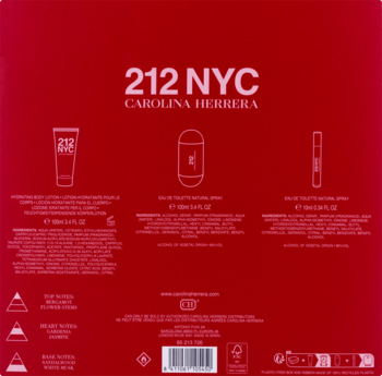 Tył czerwonego zestawu Carolina Herrera 212 NYC dla kobiet, z listą składników i detalami wód toaletowych i balsamu.
