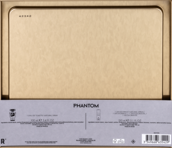 Paco Rabanne Phantom zestaw prezentowy męski, otwarte beżowe pudełko z wodą toaletową 100ml i dezodorantem.