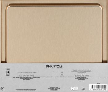 Zestaw Paco Rabanne Phantom: złote, prostokątne pudełko z wodą toaletową 100ml i dezodorantem 150ml.
