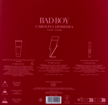 Tył czerwonego opakowania zestawu Bad Boy Carolina Herrera z grafikami wody toaletowej i żelem pod prysznic.