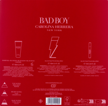 Tył czerwonego opakowania zestawu Bad Boy Carolina Herrera z wodą toaletową i żelem pod prysznic. Widoczne ikony produktów.