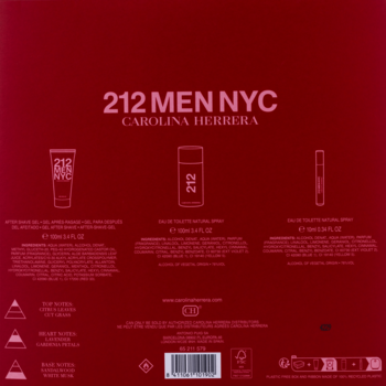 Tył czerwonego zestawu Carolina Herrera 212 Men NYC z białymi etykietami: EDT 100ml, 10ml i żel po goleniu 100ml.