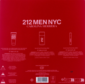 Tył czerwonego zestawu Carolina Herrera 212 Men NYC z wodą toaletową, żelem po goleniu i dezodorantem. Widoczne opisy.