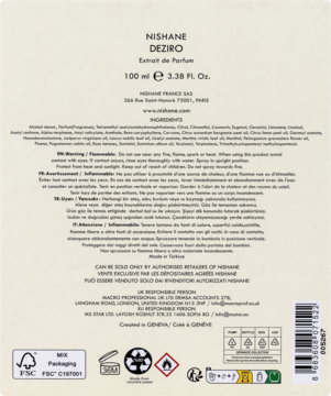 Tył opakowania perfum Nishane Deziro Extrait de Parfum 100ml, widoczne składniki, ostrzeżenia i symbole.