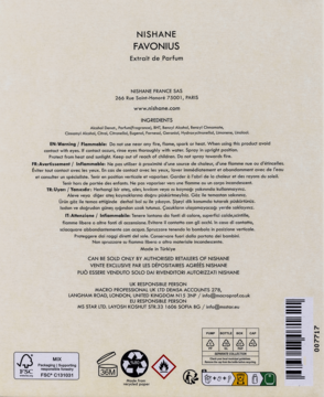 Tył beżowego opakowania perfum NISHANE FAVONIUS Extrait de Parfum, widoczne składniki i ikony.