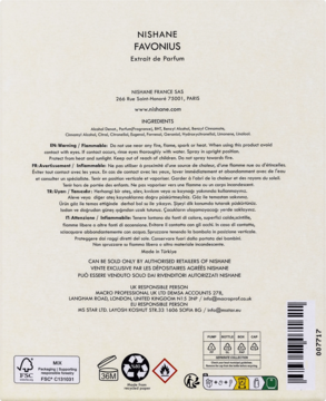 Tył opakowania perfum Nishane Favonius Extrait de Parfum. Widoczne składniki, ostrzeżenia i kod kreskowy produktu.