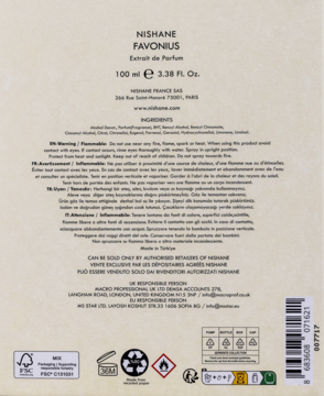 Tył jasnobeżowego opakowania Nishane Favonius Extrait de Parfum, z czarnym tekstem i ikonami ostrzegawczymi.