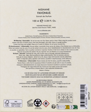 Tył beżowego opakowania Nishane Pavonius Extrait de Parfum 100ml, widoczne składniki, ostrzeżenia i ikony.