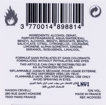 Tył butelki wody perfumowanej Maison Crivelli Lys Solaberg, skład, kod kreskowy, 72% vol., Made in France.