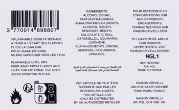 Tył etykiety perfum Maison Crivelli Lys Solaberg z kodem kreskowym, listą składników i ostrzeżeniami.