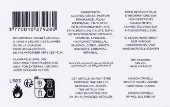 Maison Crivelli Citrus Batikanga Eau de Parfum, tył etykiety z kodem kreskowym, listą składników i ostrzeżeniami.