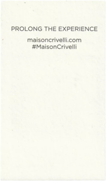 Karta promocyjna Maison Crivelli w kolorze écru, z szarym tekstem: "PROLONG THE EXPERIENCE", www i hashtagiem.