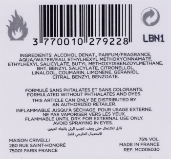 Tylna etykieta wody perfumowanej Maison Crivelli Absinthe Boréale z listą składników, kodem kreskowym i ikonami.