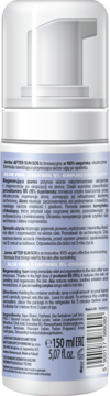 Tył białej butelki Jantar AFTER SUN SOS, łagodzącej pianki po opalaniu, z fioletową etykietą i kodem kreskowym.