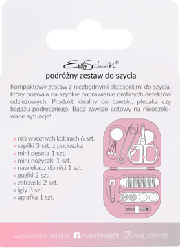 Tył różowego opakowania podróżnego zestawu do szycia, z ilustracją zawartości i opisem jego przeznaczenia.