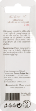 Tył opakowania silikonowych osłonek Ewa Schmitt na szczoteczki do zębów, z opisem produktu i kodem kreskowym.