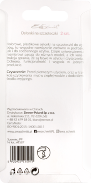 Tył białego opakowania plastikowych osłonek Ewa Schmitt na szczoteczki do zębów, z opisem, kodem i ikonami.