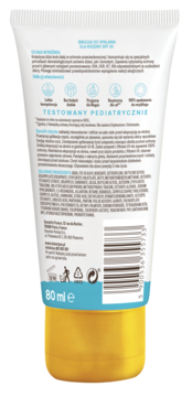 Tył opakowania wodoodpornej emulsji Kolastyna SPF 30 dla rodziny, biała tuba z żółtym spodem, 80 ml.