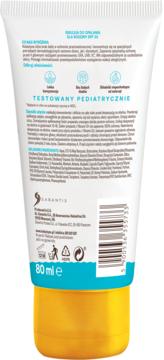 Kolastyna rodzinna emulsja do opalania SPF 30, biała tubka 80ml, tył opakowania z opisem i żółtym korkiem.