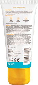 Tył opakowania emulsji do opalania Kolastyna SPF 50, biała tubka z żółtą zakrętką, widoczny skład i info.