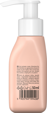 Tył jasnoróżowej butelki kremu Neboa Curly Madeleine z białą pompką. Widoczne opisy i kod kreskowy, 50ml.