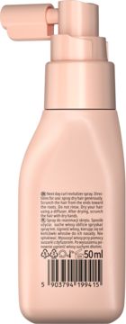 Tył mini sprayu Neboa do reanimacji skrętu 50ml w różowej butelce, z napisami i kodem.