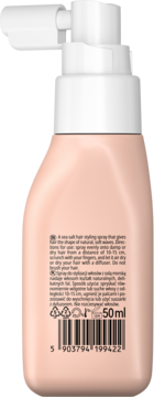 Tył butelki sprayu z solą morską 50ml, brzoskwiniowe opakowanie z białą pompką, widoczna etykieta i kod kreskowy.
