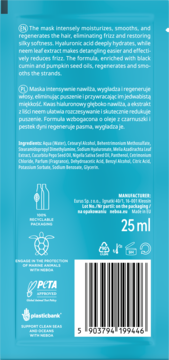 Tył niebieskiej saszetki Neboa Hydration & Smoothness 25 ml, odżywka przeciw puszeniu, z opisem składników i kodem kreskowym.