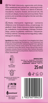 Różowe opakowanie maski Neboa do włosów zniszczonych 25ml, widok z tyłu z listą składników, opisem i kodem.