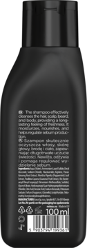 Tył czarnego szamponu Neboa Men Strong Stream 100ml z listą składników i kodem EAN.