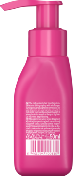 Mini mleczko termoochronne do włosów w jasnoróżowej butelce z pompką, tył opakowania z etykietą.