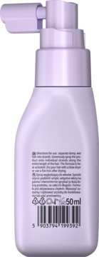 Tył fioletowej butelki Neboa Glossy Hair 50ml, wygładzającej odżywki w sprayu, z tekstem i kodem.