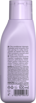 Tył liliowej butelki odżywki do włosów 100 ml z olejem jojoba i proteinami roślinnymi. Opakowanie mini.