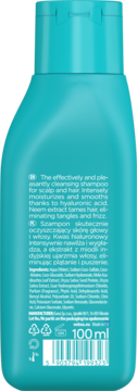 Tył turkusowego opakowania szamponu Neboa Hydration & Smoothness 100 ml z opisem i kodem kreskowym.