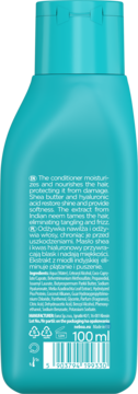 Tył turkusowej butelki odżywki Neboa Hydration & Smoothness 100ml z etykietą, składem i kodem kreskowym.