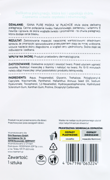 Tył białej maski Isana Pure w płachcie z hialuronem, pantenolem, wit. E; tekst PL, kod kreskowy.