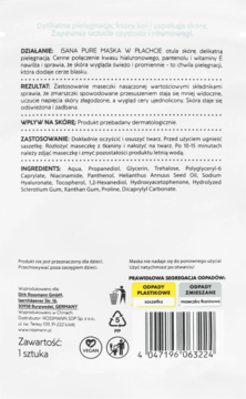 Tył białej saszetki maski w płachcie Isana Pure z instrukcją użycia, listą składników i kodem kreskowym.