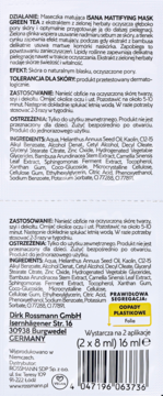 Tył białej saszetki Isana Matifying Mask Green Tea z opisem produktu, składnikami i kodem kreskowym.