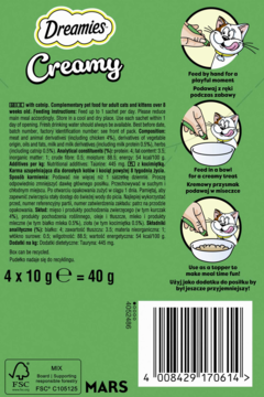 Tył opakowania Dreamies Creamy 4x10g, zielony, z informacjami o składzie, instrukcją i kodem kreskowym.