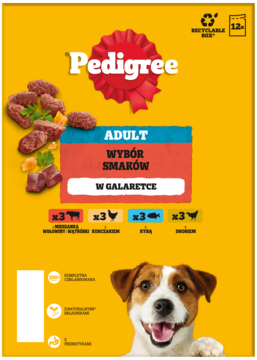 Żółte opakowanie Pedigree Adult mokra karma, 12x100g, mix smaków w galarecie, widok z przodu z psem.