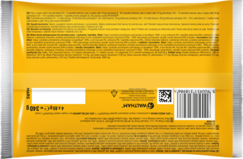 Tył opakowania mokrej karmy Pedigree Adult Protein+ dla psów, żółto-srebrne z tekstem i kodem kreskowym.