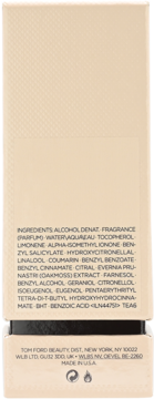 Tył beżowego opakowania perfum Tom Ford Vanille Fatale z widoczną listą składników i danymi producenta.