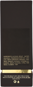 Tył opakowania Tom Ford Noir De Noir perfum. Ciemne, teksturowane pudełko ze składnikami i danymi firmy.