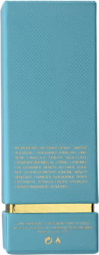 Tył turkusowego opakowania perfum Tom Ford Mandarino di Amalfi, ze złotym paskiem i listą składników.